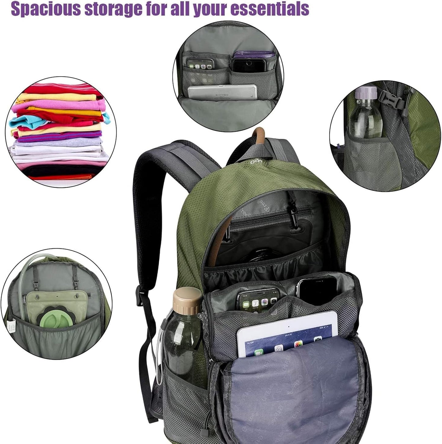 G4Free 35L Hiking Backpack Water Resistant Outdoor Sports Travel Daypack Lightweight with Rain Cover for Women Men (Peacock Green)