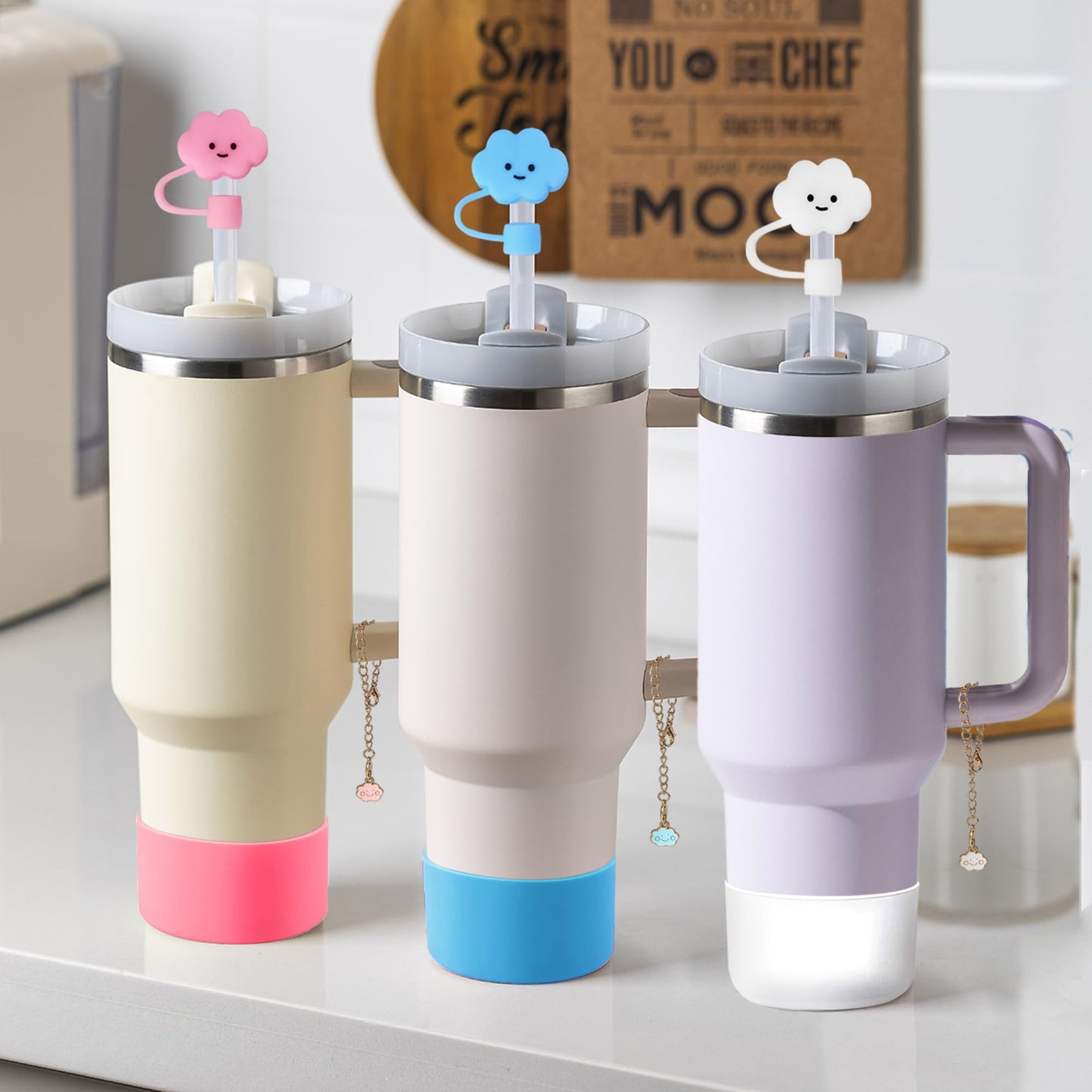 5 PCS Stanley Cup Accessories - Including Water Bottle Silicone Cup Boot for 30/40 oz Tumbler with Handle, 0.4in (10mm) Straw Toppers, Cute Handle Charms (Blue)