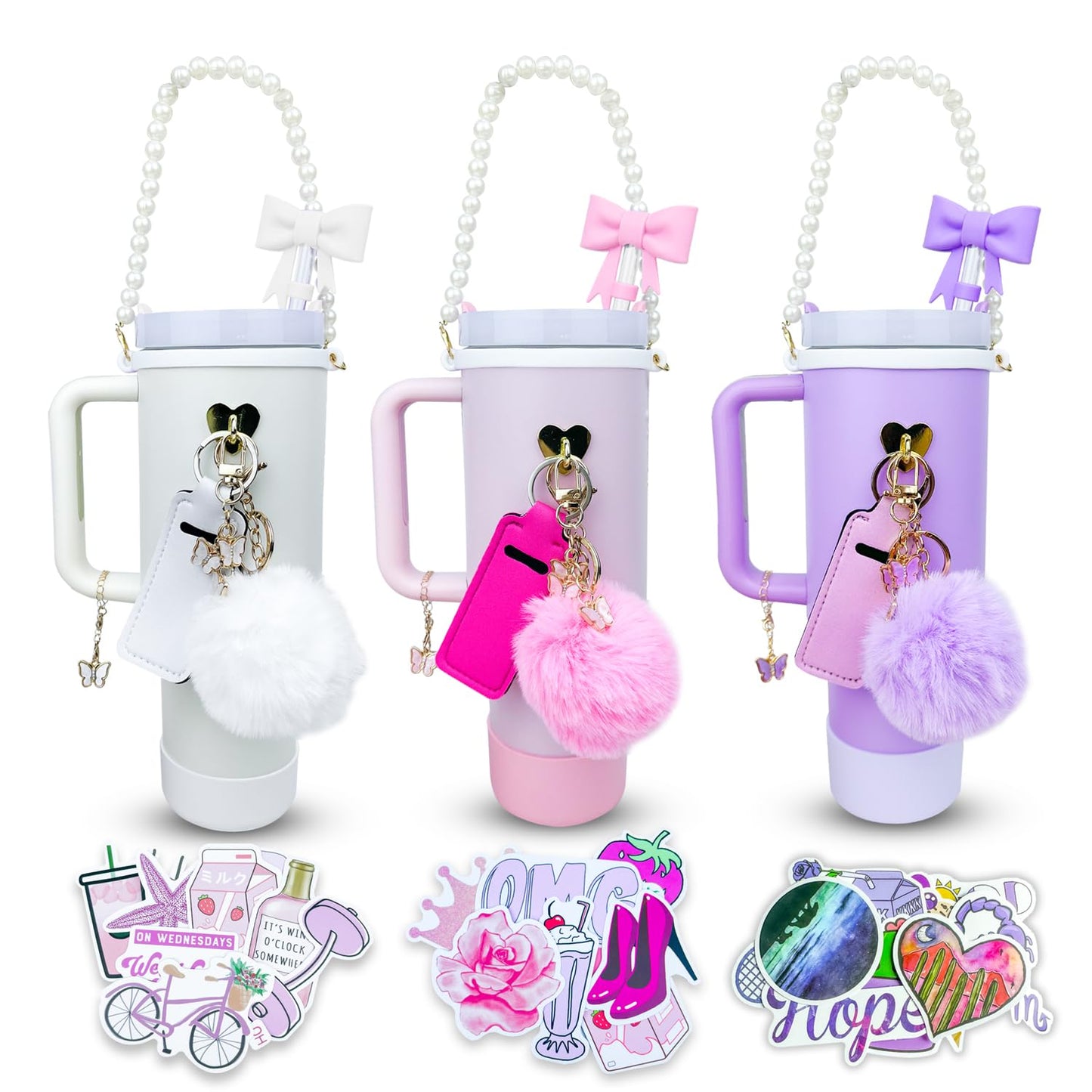 Accessories Set for Stanley Cup 30 oz 40 oz,Water Bottle Handle Strap,Boot, Straw Cover for Stanley, Beautify Your Cup, Unique Gifts For Women Pink