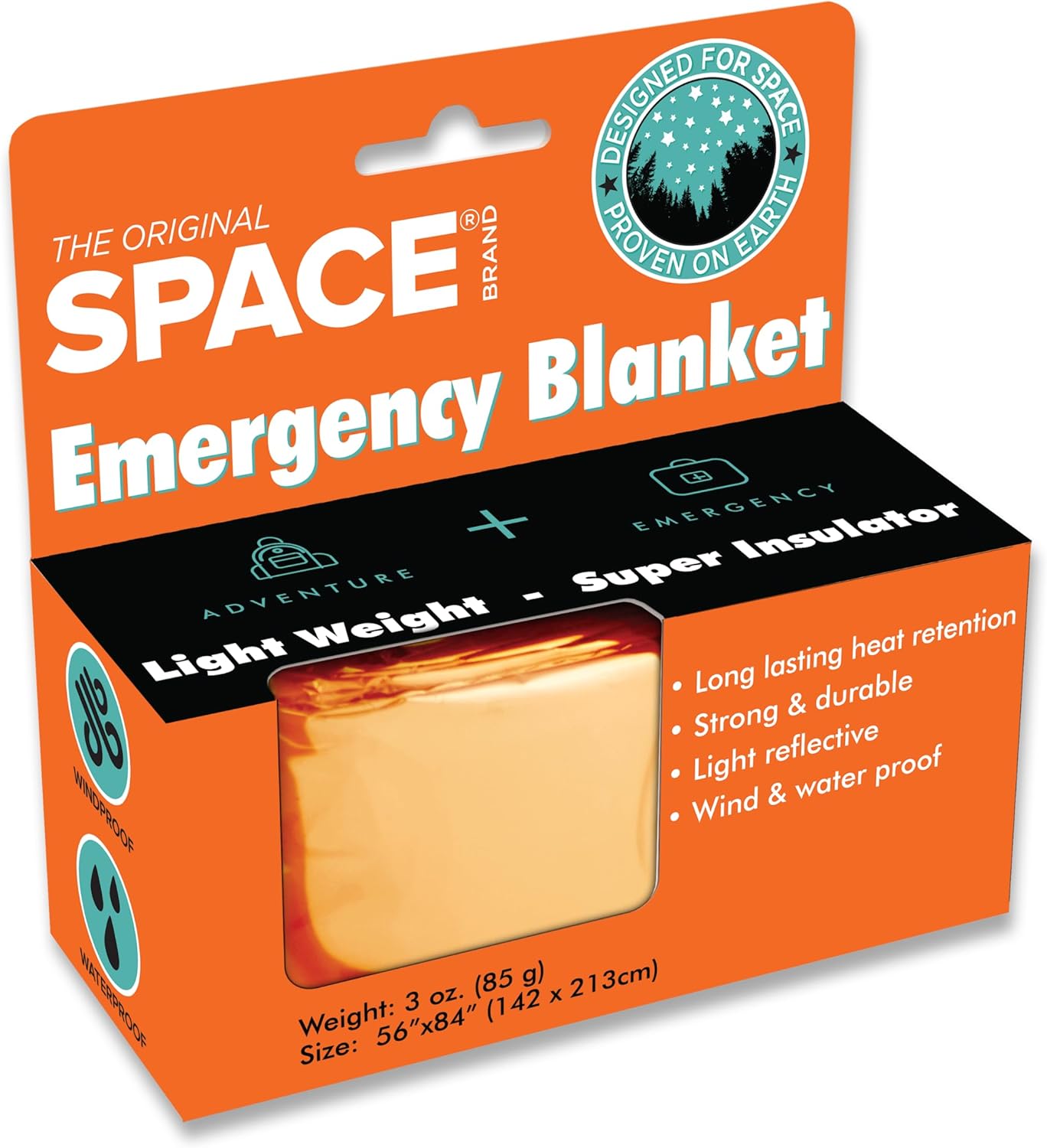 Space Brand Emergency Blanket - Orange/Silver - Waterproof and Windproof Fi