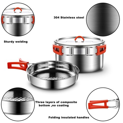 Camping Cookware Set,Camping Cooking Set,304 Stainless Steel Camping Pots and Pans Set,Camping Gear for Hiking Outdoor Cooking Picnics for 2-4 People