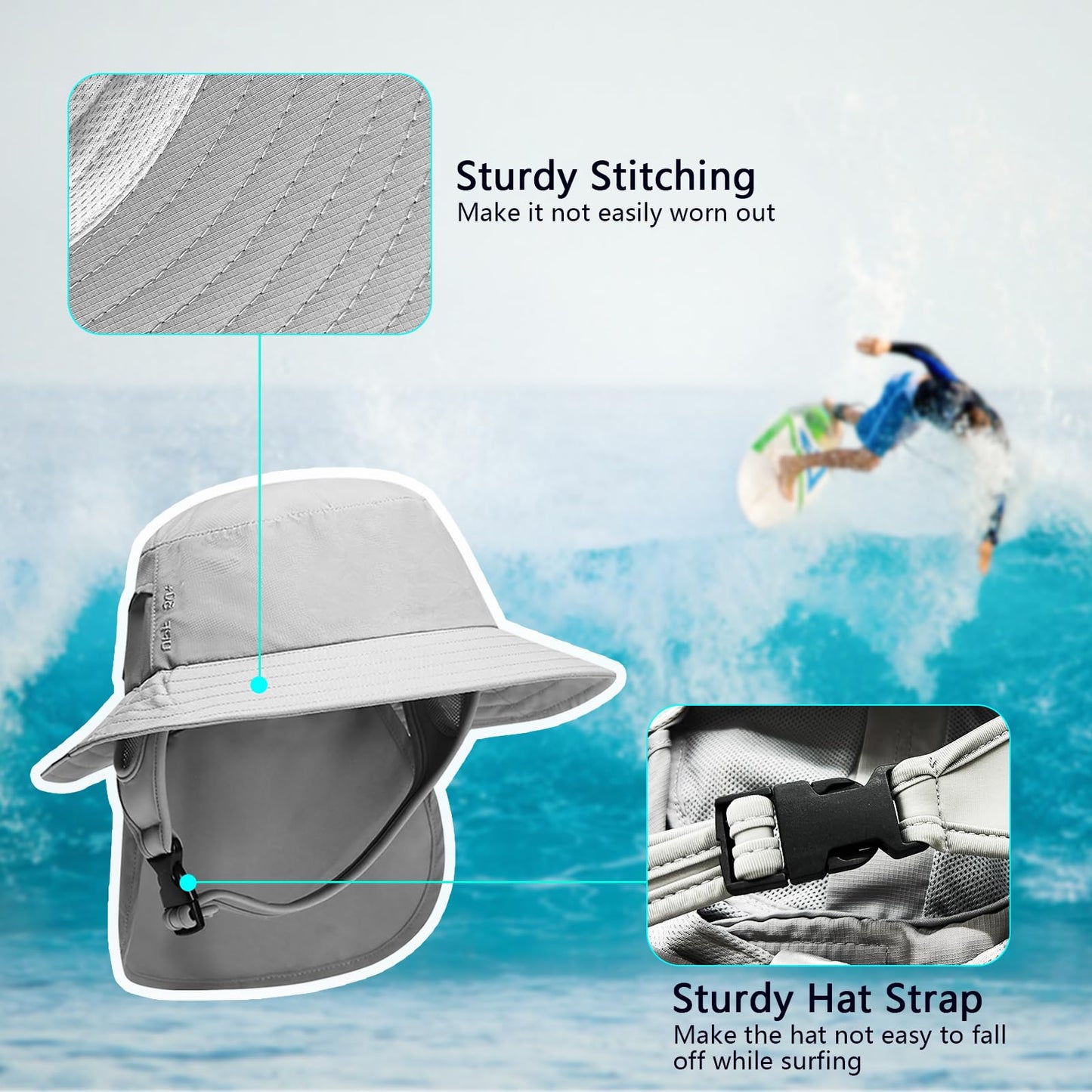 JOYART Surf Hat Bucket Beach Sun Hats with Chin Straps for Surfing,Boating,Riding,Fishing,Hiking,Watersports Men and Women,7cm Wide Stiff Brim-Gray