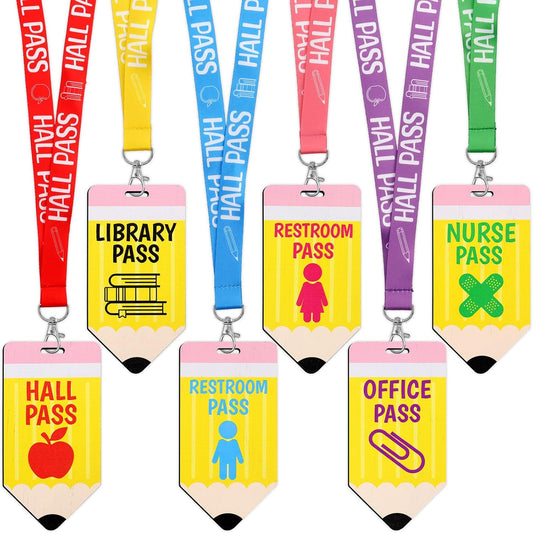 6 Sets Hall Pass Lanyards and School Passes Set Classroom Wooden Passes for Hall Office Library Nurse Restroom Teacher Gift