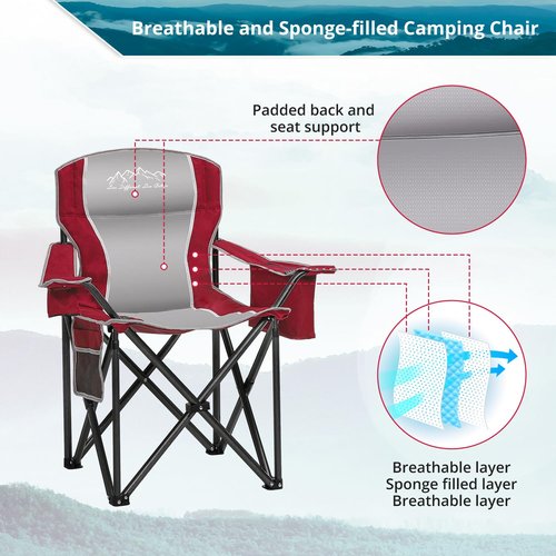 SAILARY 2PCS Folding Camping Chair, Heavy Duty Portable Lawn Chairs with Cooler Bag, Side Pocket & Cup Holder, Folding Chairs for Outside Support 450lbs Red