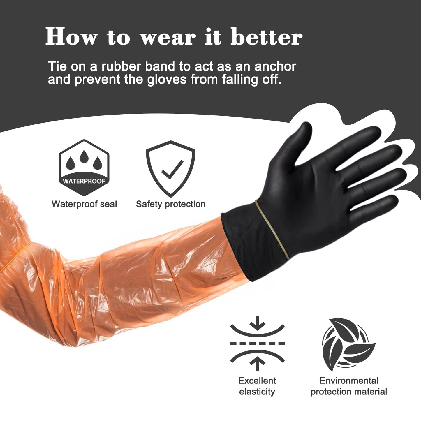 60 Pairs Field Dressing Gloves Deer Gutting Hunting Cleaning Mittens Accessory Kit Include Disposable Arm Gloves and Short Nitrile Gloves Combo with Rubber Bands Black Orange