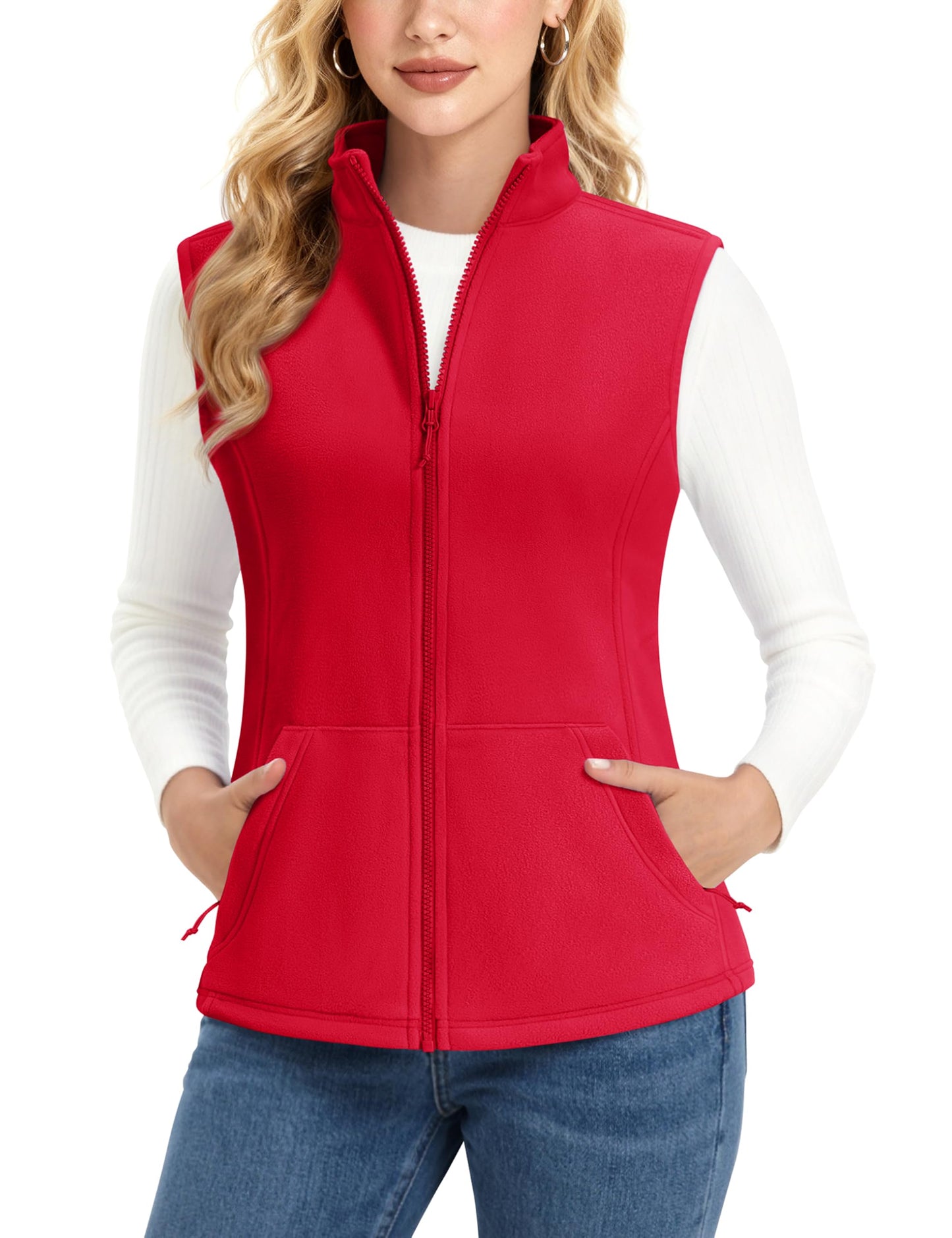 MAGCOMSEN Red Vest Women Sleeveless Polar Fleece Vests with Zipper Stand Collar Fall Winter Jacket Outerwear Warm