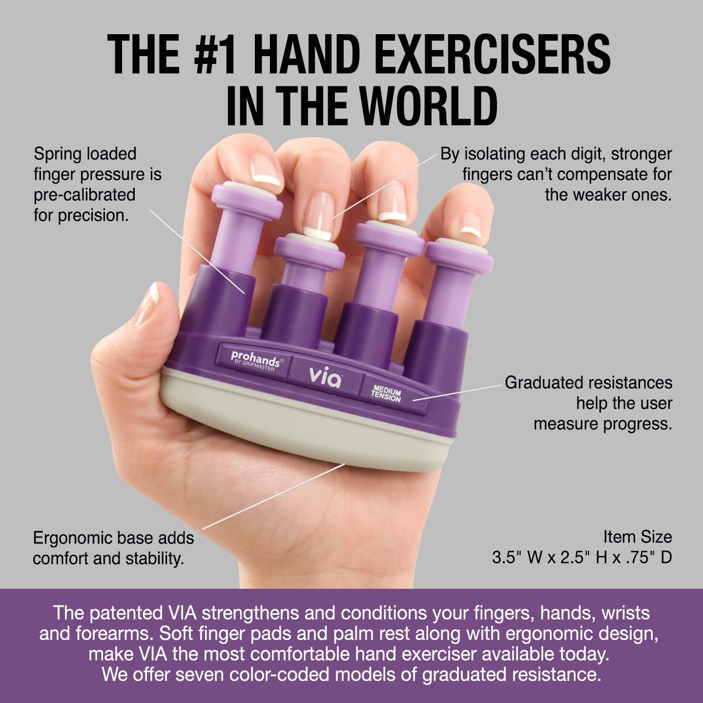 VIA Hand Exerciser, Finger Exerciser (Hand Grip Strengthener), Spring-Loaded, Finger-Piston System, Isolate and Exercise Each Finger
