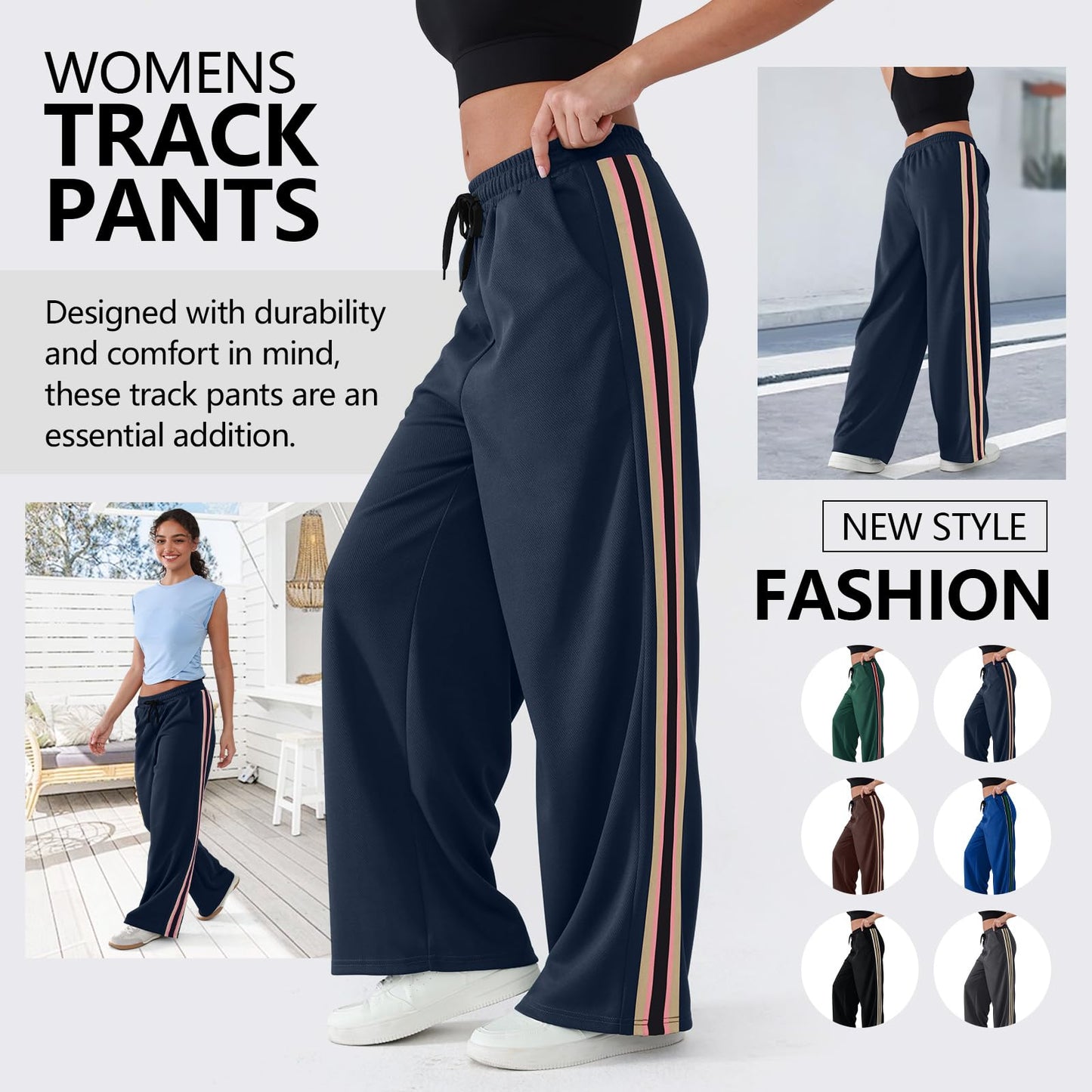 YIPINK Women's Wide-Leg Track Pants with Pockets - High Waist Athletic Pants Navy