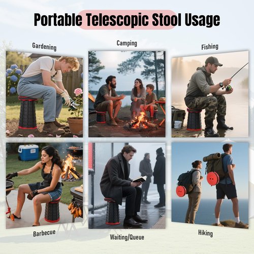 Doseno Foldable Stool, Camping Stools for Adults Thickened Portable Collapsible Retractable Stool for Fishing, Camp Chair for Hiking, BBQ, Parties, Outdoor Activities (Red)