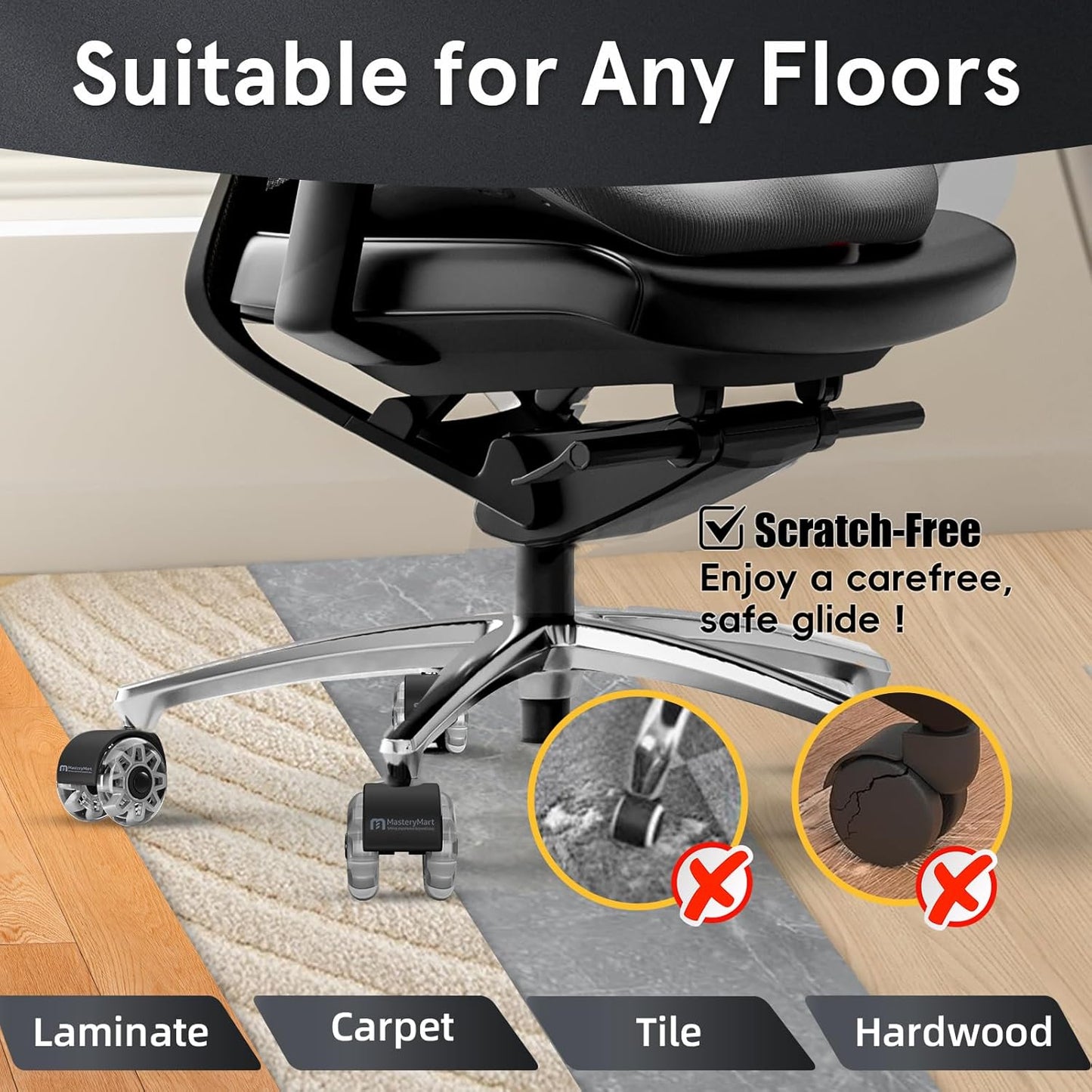 Mastery Mart Office Chair Caster Wheels for Hardwood Floors, Heavy Duty and Quiet Smooth Rollerblade Wheels for Office Chair, Universal Size (11x22mm), Suitable for Most Chairs