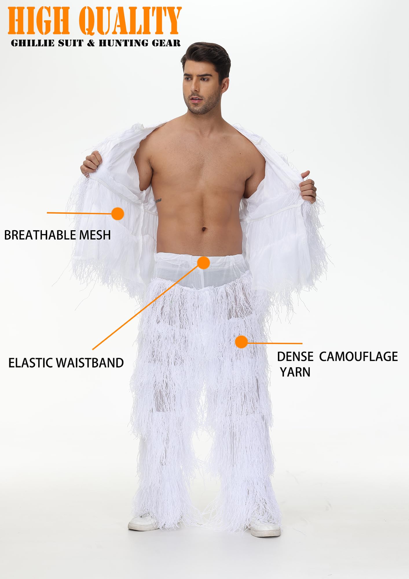 Alnintte 6 in 1 Ghillie Suit,3D Hunting Camouflage Halloween Scary Costume Including Jacket,Pants,Hood,Glove Suitable for Men Teens (White, M/L)