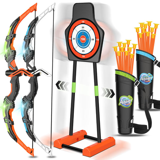 KIZJORYA Bow and Arrow for Kids 8-12, Upgraded Kids Archery Set with Automatic Moving Target, Sport Game Toy with 20 Suction Cup Arrows 2 Led Light Bows&Quivers, Gift for Boy Girl Age 3 4-6 10(2Pack)