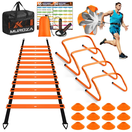 Agility Ladder, Speed Training Equipment Set, 20ft Agility Ladder, 12 Soccer Cones, 4 Hurdles, Jump Rope, Running Parachute, Basketball Football Soccer Training Equipment for Kids, Youth, Adults
