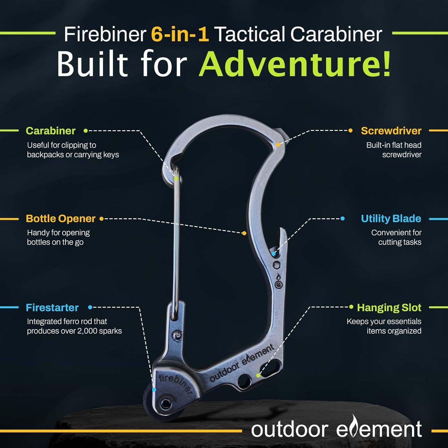 Firebiner 6-in-1 Fire-Starting Carabiner EDC Emergency Multitool -Keychain,Utility Blade,Bottle Opener,& More