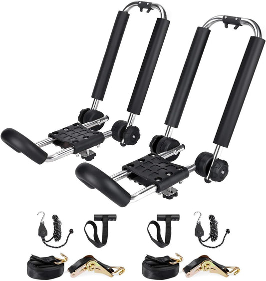 AA-Racks J-Bar Rack Roof Top Mount with 16 Ft Ratchet Lashing Straps, Folding Carrier for Your Canoe, SUP and Kayaks on SUV Car Truck