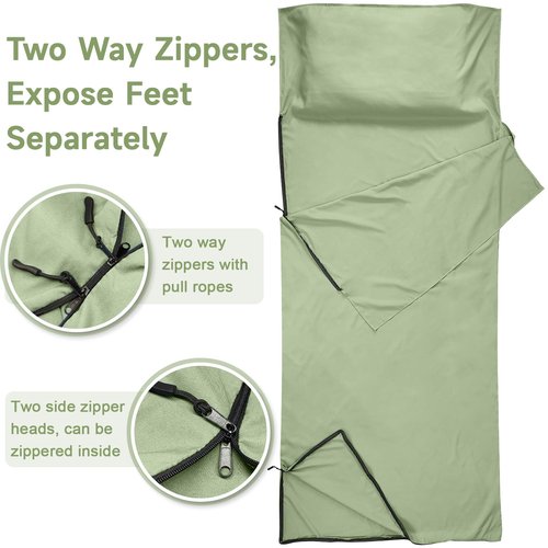 Sleeping Bag Liner, Self Tan Sleep Sack, Adult Sleep Sack, Two-Way-Zipper Expose Feet Separately, Portable Single Camping Travel Sheets for Hotel,Hostels,Business Trips