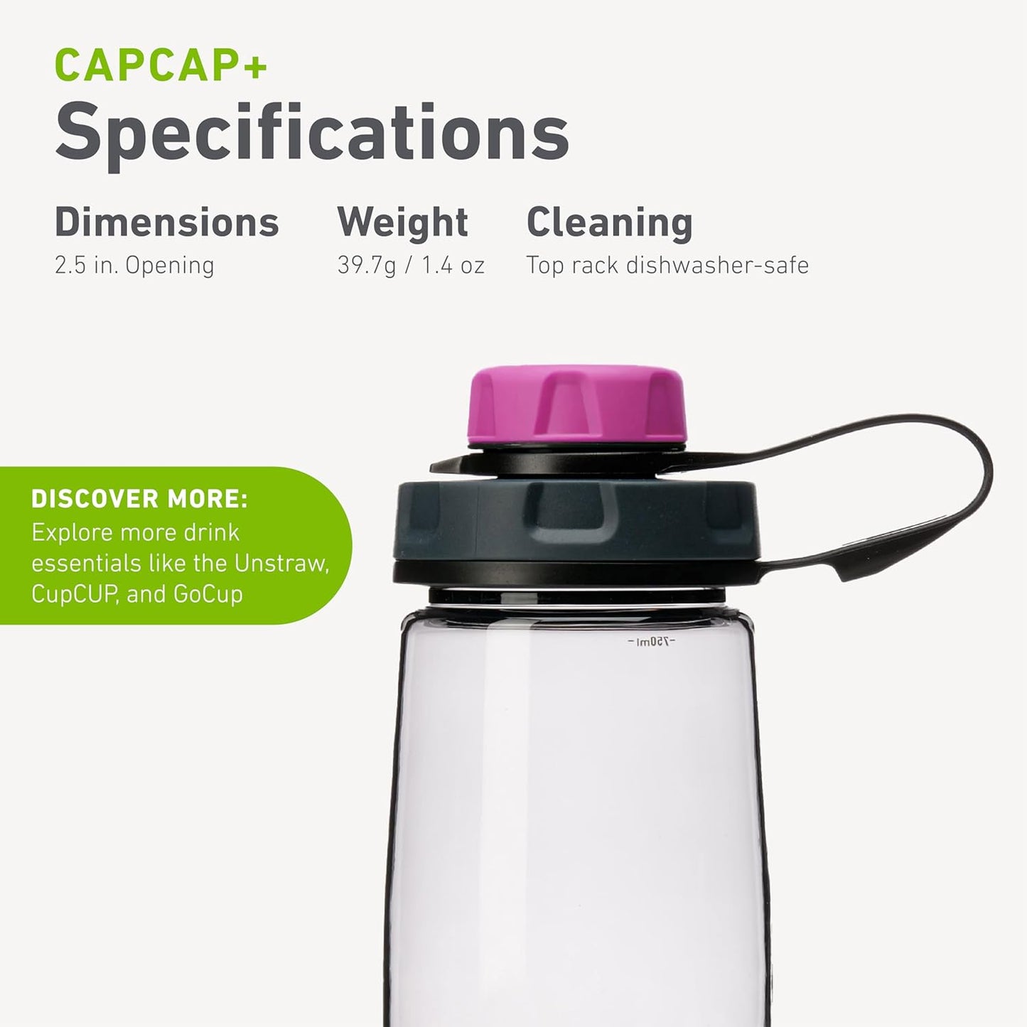 humangear capCAP+ | Converts Wide-Mouth Openings | Secure Easy Open | Food-Safe Material | Water Bottle Accessory Lid