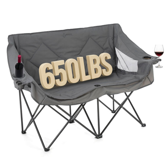 ARROWHEAD OUTDOOR Portable Folding Double Duo Camping Chair Loveseat w/ 2 Cup & Wine Glass Holder, Heavy-Duty Carrying Bag, Padded Seats & Armrests, Supports up to 500lbs, USA-Based Support