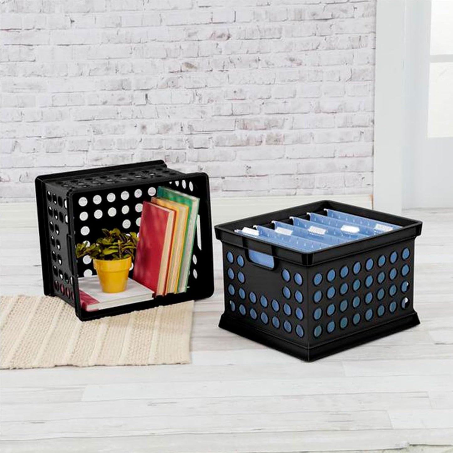 Sterilite Stackable Plastic Storage Crate Bin Organizer File Box with Handles for Home, Office, Dorm, Garage, or Utility Organization, Black, 6-Pack