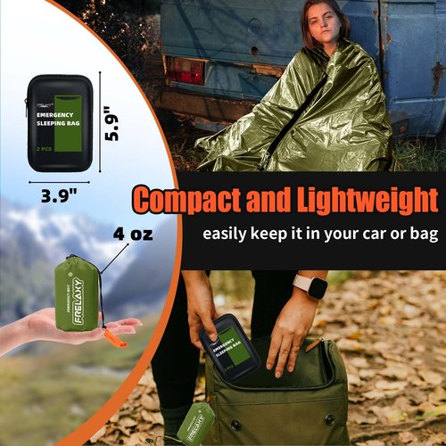 Frelaxy Emergency Sleeping Bag 1-Pack/2-Pack, Extra-Thick Compact Survival Bivy with Whistle, Storage Pouch, and EVA case, Perfect for Survival Kits (Army Green - 2 Pack)