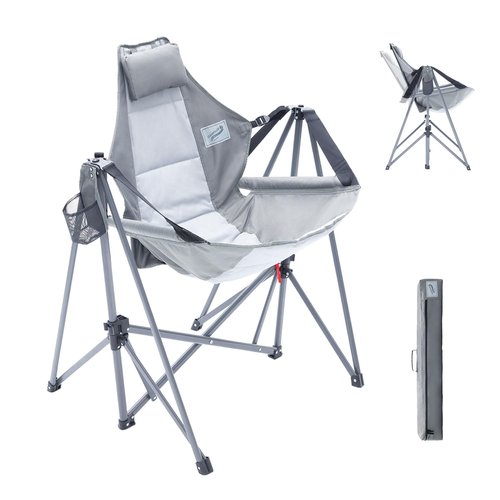 Camphor Designs Portable Swing Hammock Chair | Foldable Recliner Rocking Lounger with Headrest & Drink Holder | Outdoor Sports, Beach, Lawn, Hunting, Tailgating, Fishing | Supports 300Lbs (Grey)