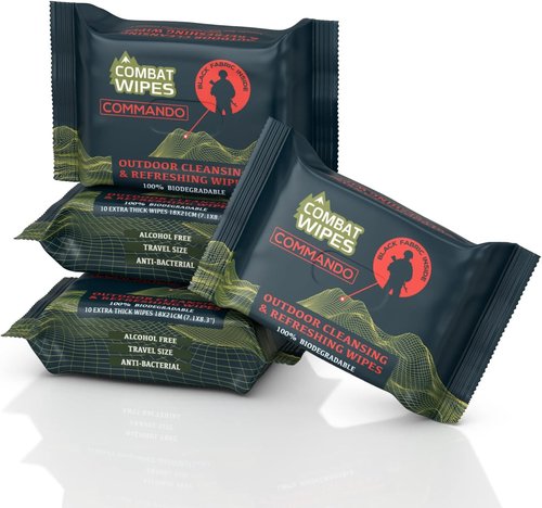 Black Unscented Camouflage Wet Wipes - Combat Wipes COMMANDO - Thick, Biodegradable, Heavy Duty Cleansing Cloths for Camping, Military, Hunting & Backpacking w/Aloe & Vitamin E (1 Pack, 25 wipes).
