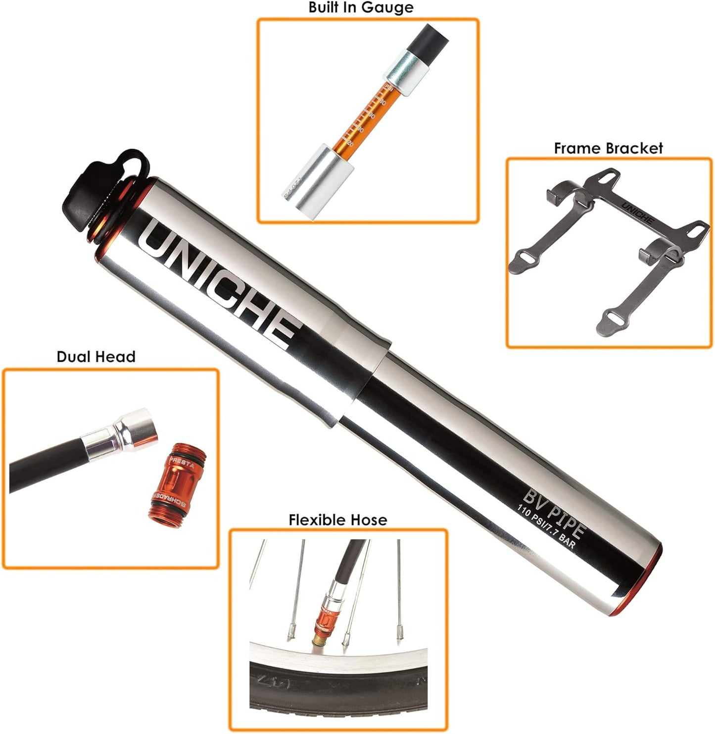 UNICHE Tech HV Bike Frame Pump with Gauge Fits Presta & Schrader - High Volume - Portable Mini Bicycle Pump for Mountain and BMX Bikes, Includes Mount Kit - Small