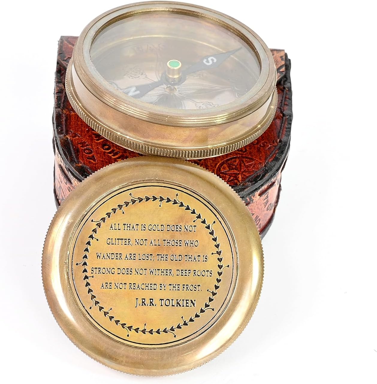 Brass Nautical - Not All Those Who Wander are Lost Brass Gift Engraved Compass with Leather case, Graduation Day Baptism Communion Confirmation Day Motivational LOTR J.R.R. Tolkien