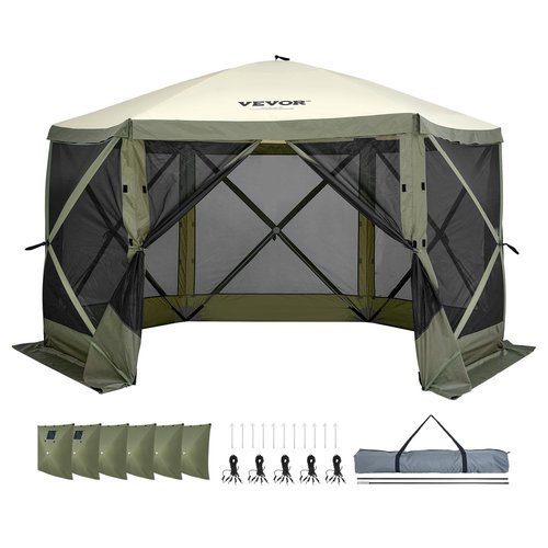 VEVOR 12x12ft Pop Up Gazebo Tent with Mosquito Netting, 6 Removable Wind Panels & 2 Mesh Windows, Outdoor Canopy Shelter for Patio, Army Green