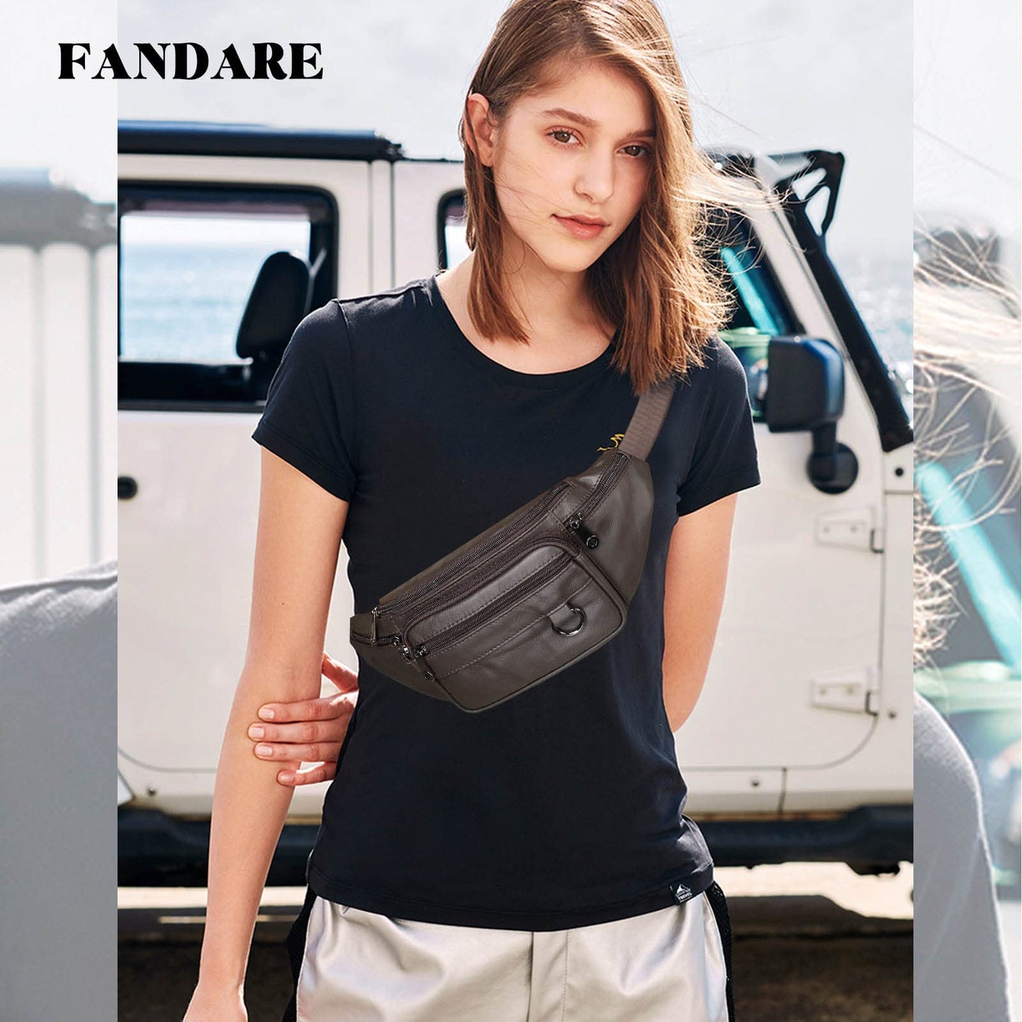 FANDARE Waist Fanny Pack Bumbags for Women Men Sling bag Genuine Leather Chest Crossbody Bag Cover Pack for Hiking Cycling Travelling Outdoor Sport Gym Business Shoulder Bag Dark Brown B