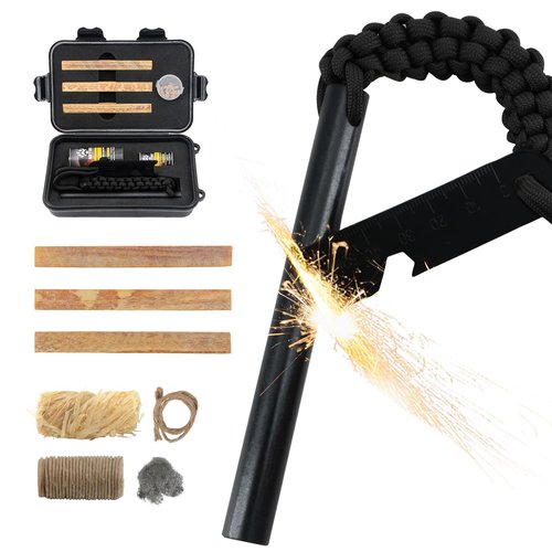 SET007 Oversized Flint & Steel Fire Starter Kit - 5" x 1/2" Ferro Rod, Large Ferro Rod Striker for Camping Emergency,25,000+ Sparks,550 Paracord Landyard, Drilled Flint for Survival, Hiking, Black