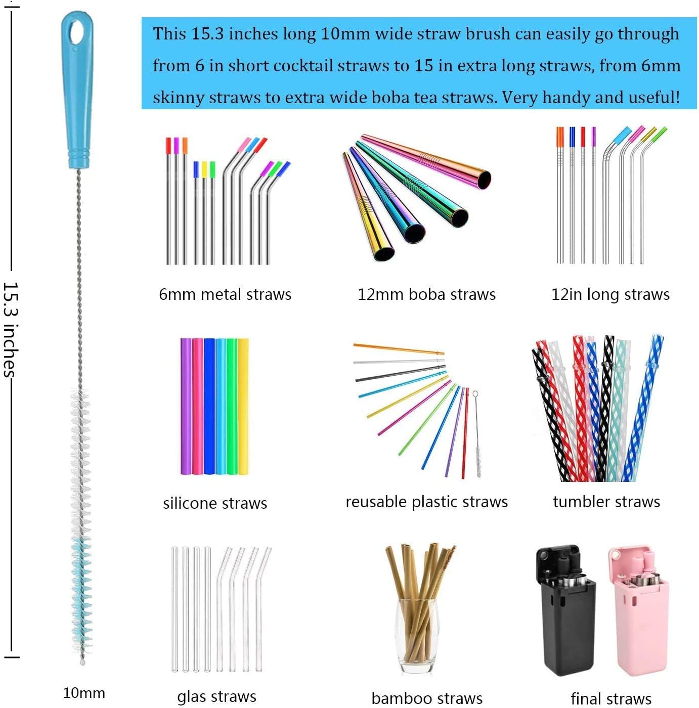 ALINK 8-Pack Bottle Cleaning Brush Set - Long Handle Bottle Cleaner for Washing Narrow Wine/Beer Bottle, Thermos, Hummingbird Feeder, Sport Well, Plus Kettle/Straw Brush