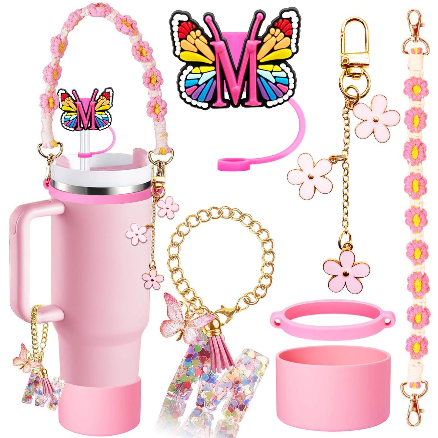 6PCS Cup Accessories Set for Stanley 30oz 40oz, Includes Silicone Initials Straw Cover Cap and Boot, Water Bottle Handle Strap, Rubber Cup Ring, Alphabet Handle Charm, Keychain Charm. (M)