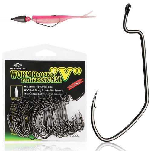 LUCKYFISHING EWG Hooks Worm Hooks for Bass Fishing 50PCS Offset Texas Rig for Freshwater Saltwater Size 3/0