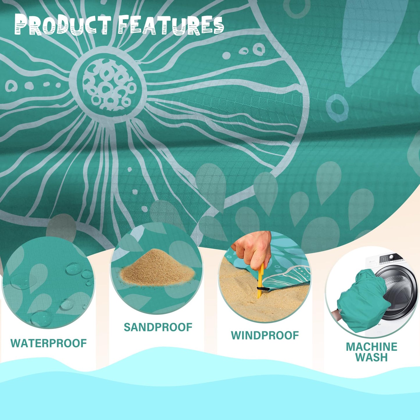 Aroveea Beach Blanket Waterproof Sandproof 1-7 Adult Oversized 78 '' × 81 '' Lightweight Durable Compact Sand Free Beach Mat for Travel Camping Hiking Picnic Blanket Extra Large