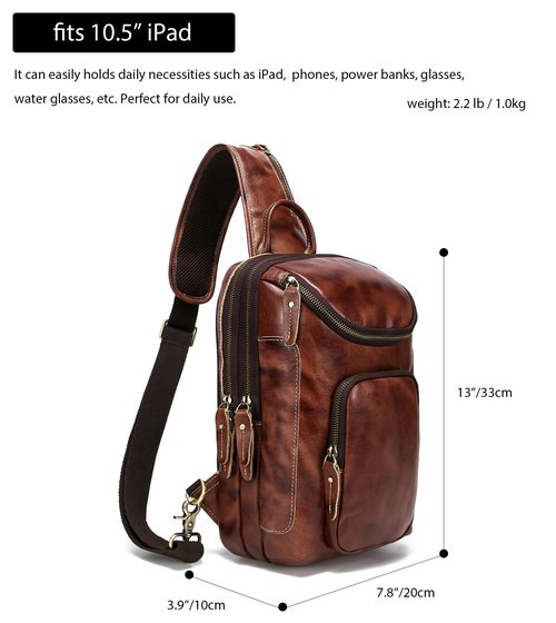 LANNSYNE Vintage Full Grain Leather Sling Bag for men, Crossbody Chest Daypack fits 10.5" iPad