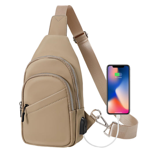 JASGOOD Sling Bag for Men Women - Crossbody Faux Leather Fanny Pack, Waterproof Chest Bag Backpack for Travel, Hiking - Khaki