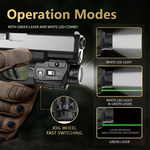 WARRIORLAND Compact MA1 800-Lumen Pistol Light, Fits G17/ G19/ G19X/ P320/ G2C/ Hellcat Pro/Echelon and Other 100+ Models, with Green Laser White LED Combo, Tactical Flashlight with Battery Indicator