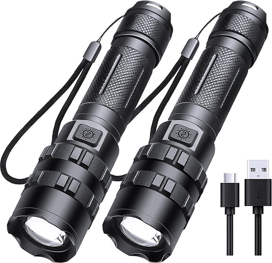 Rechargeable LED Flashlights High Lumens, 2000 Lumen Powerful Flash Light Super Bright Flashlight with 5 Modes IP65 Waterproof for Home Camping Hiking(2 Pack)