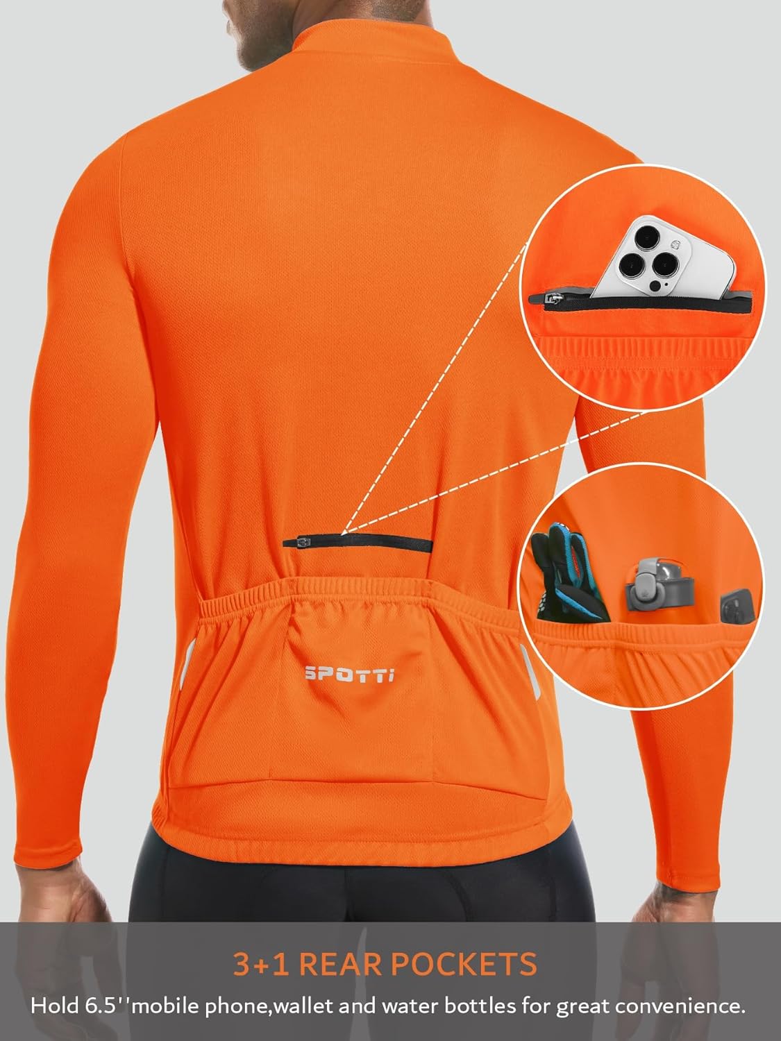 Spotti Men's Cycling Bike Jersey Long Sleeve with 3 Rear Pockets - Moisture Wicking, Breathable, Quick Dry Biking Shirt