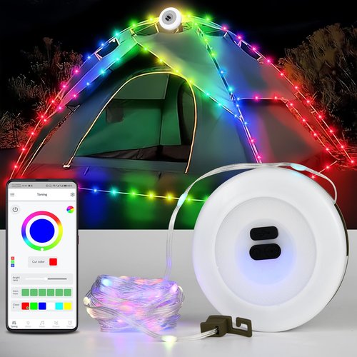 Camping String Lights Rechargeable, Upgraded 3000mAh Portable Outdoor 32.8ft with 18 Lighting Modes, Max Lasts Up to 16 hrs Waterproof Tent Lights for Outdoor Camping (RGB Light(APP Control))