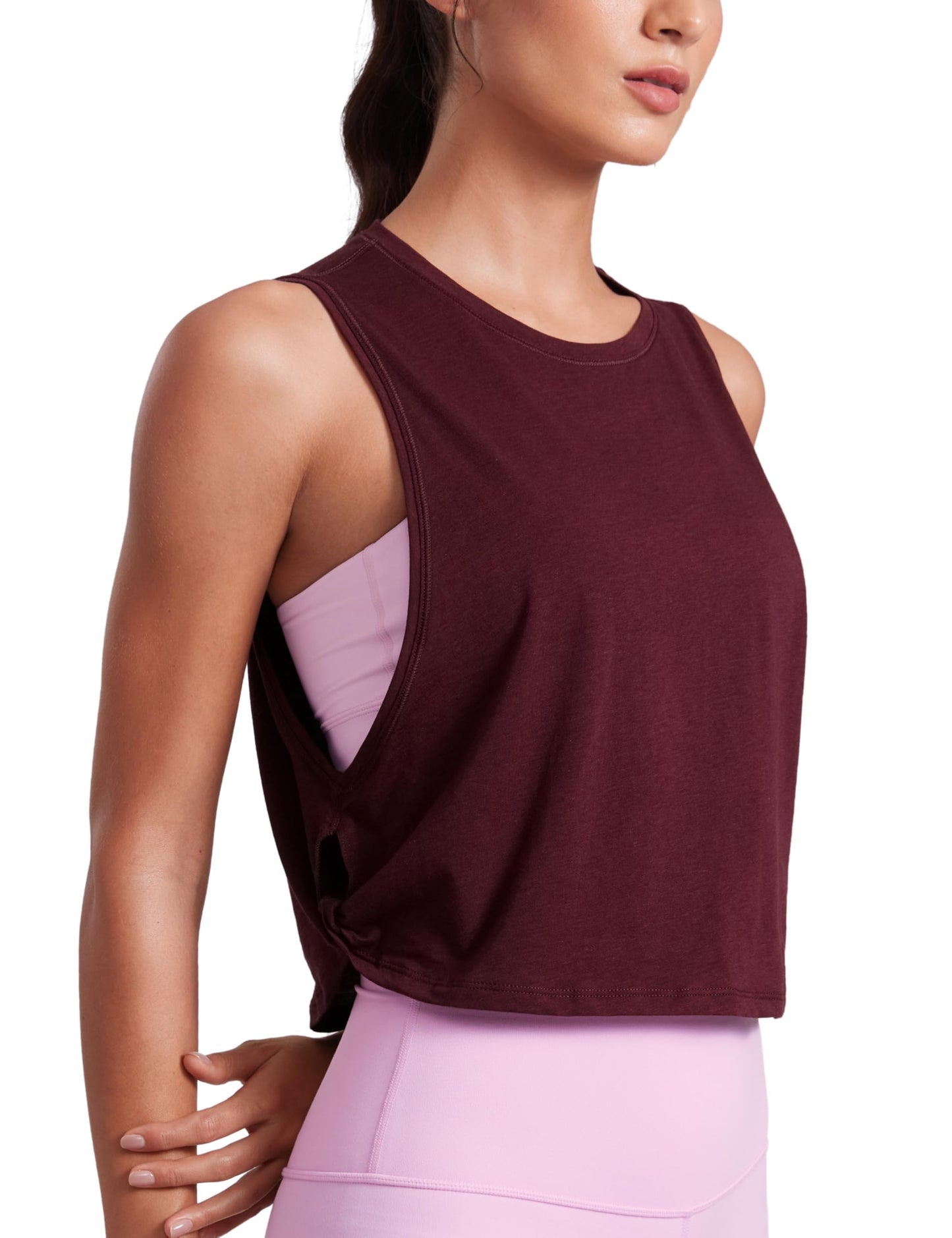 CRZ YOGA Women's Sleeveless Cotton Blend Athletic Tank Top for Yoga Gym Running Workout Berry Heather Small