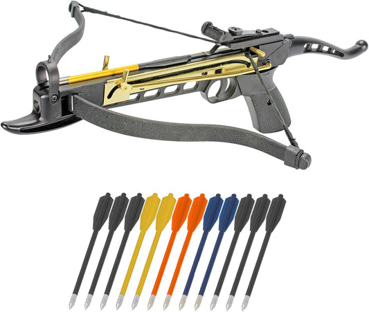 Crossbow Pistol Self Cocking 80 LBS with Adjustable Sights, Aluminum Arrow Bolts, and Safety Feature