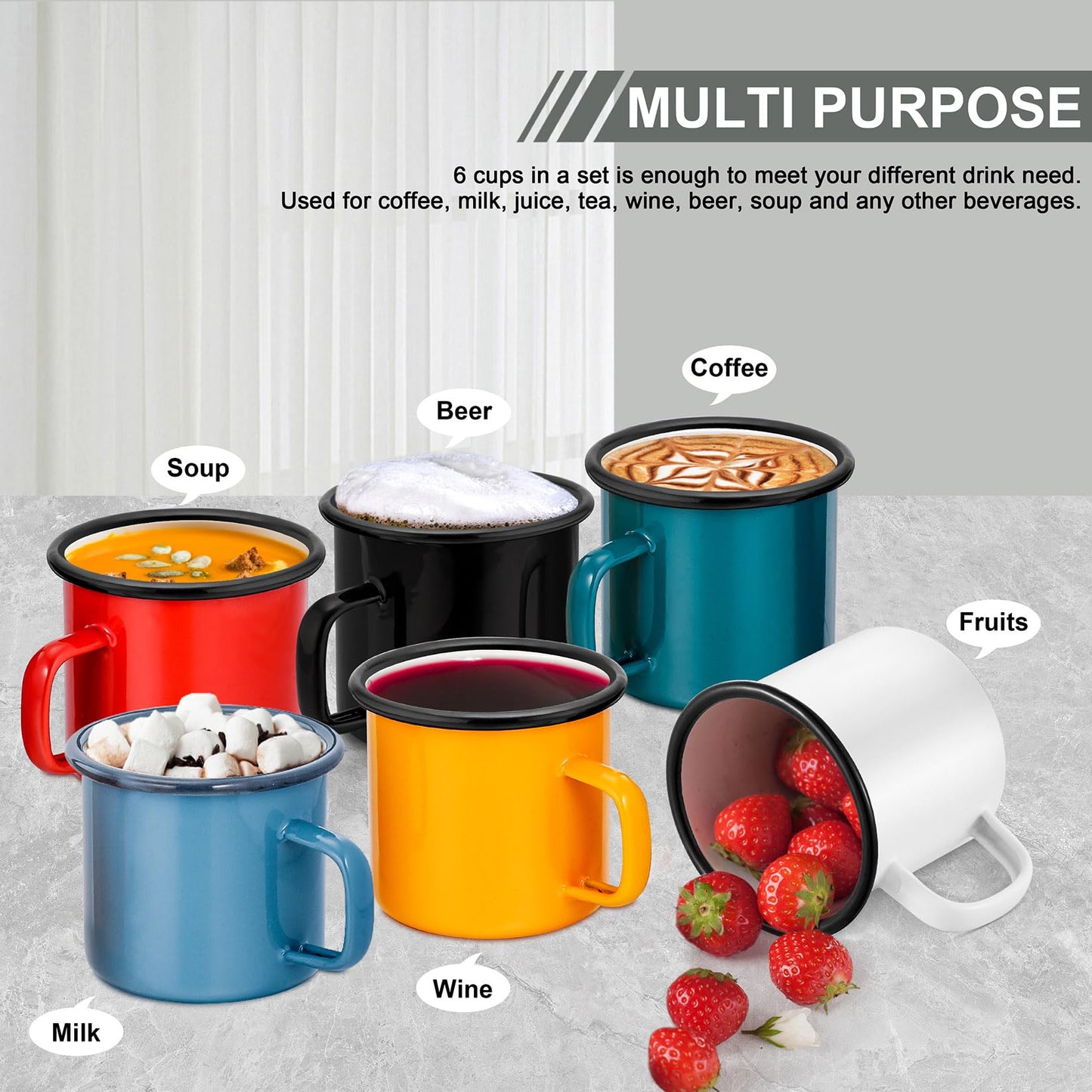 Joyfair 12oz Camping Enamel Mug Set (6Pcs), Portable Camp Cups for Outdoor Picnic Backpacking Travel & Home Breakfast Drinking, Ideal Gift on Christmas Thanksgiving Birthday (Multi)