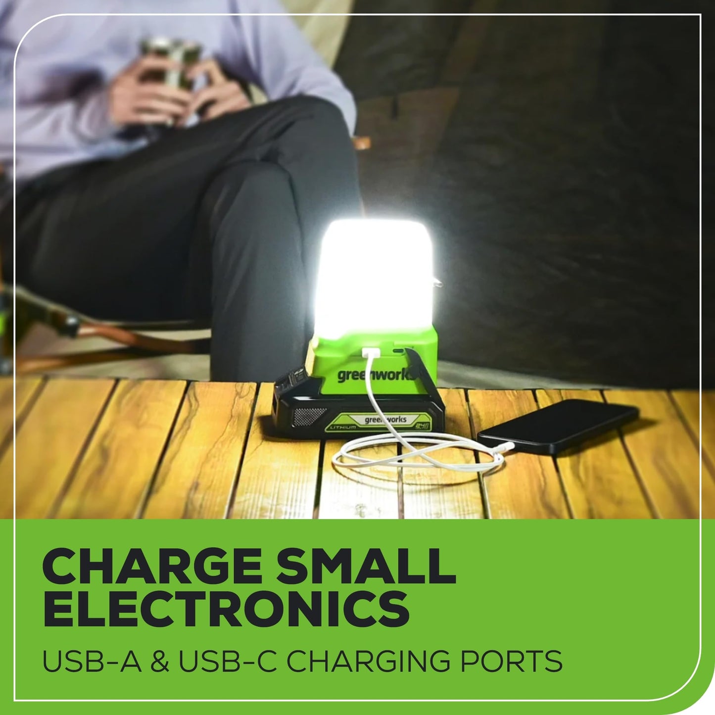 Greenworks 24V Cordless Lantern, Portable 500 Lumens Camping Light with Hook and Two USB Output Ports, 3 Modes, Mini Area Light with 2Ah Battery and Charger