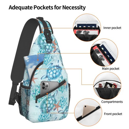 QISENTIS Sea Turtle Sling Bag for Women Men Light Blue Aqua Sea Turtles Ocean Coastal Sea Animal Travel Crossbody Bags Underwater World Print Casual Sling Backpack Chest Shoulder Bag Hiking Daypack