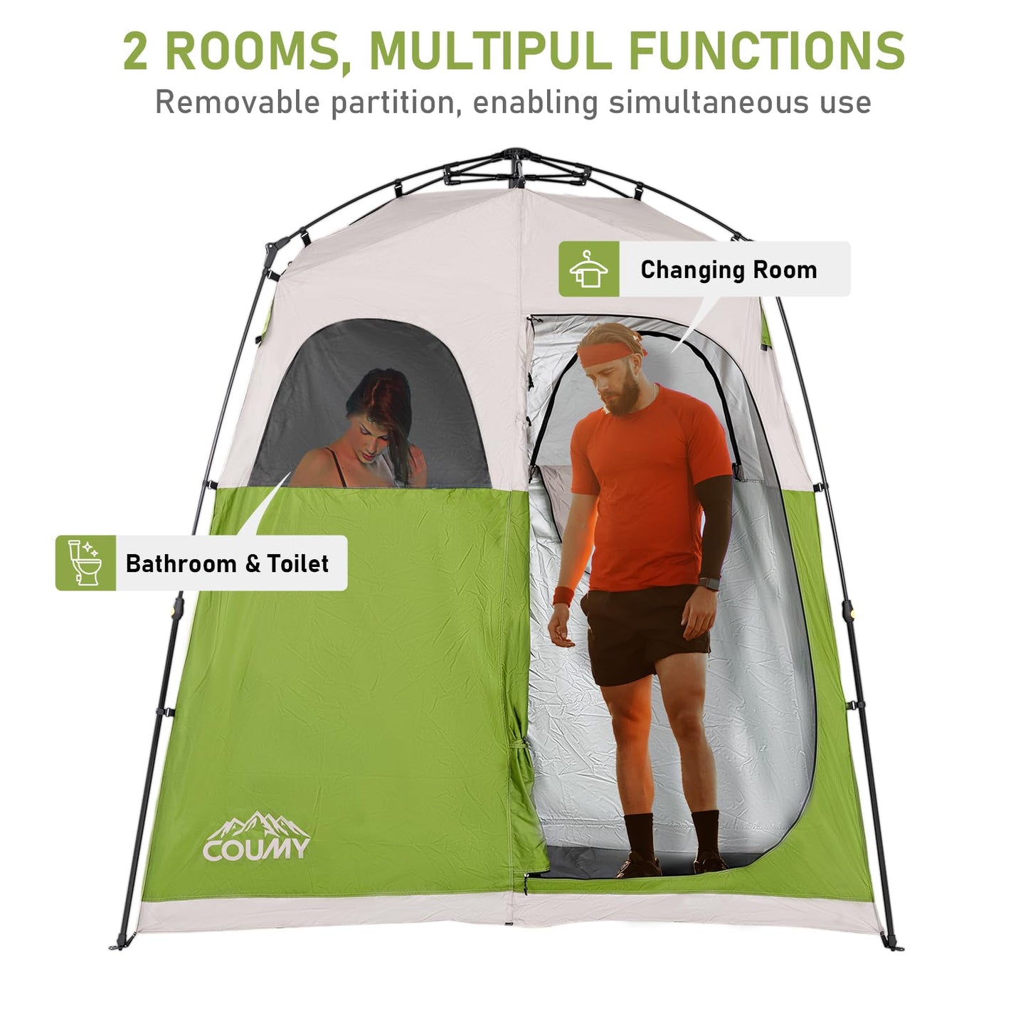 Coumy 2 Rooms Instant Pop-up Camping Shower Tent Privacy Shelter,Portable Outdoor Shower,Changing Room,Sun Shelter for Camping,Beach Hiking,and Fishing