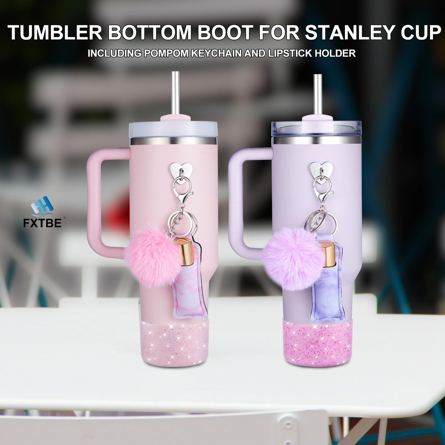 FXTBE Silicone Boot for Stanley Cup 40 OZ, Glitter Boots for Stanley Quencher 30 20 OZ, Bottom Cover for Hydroflask 40-12 OZ, Pom Keychain, Lipsticker Holder for Stanley Cup Accessories