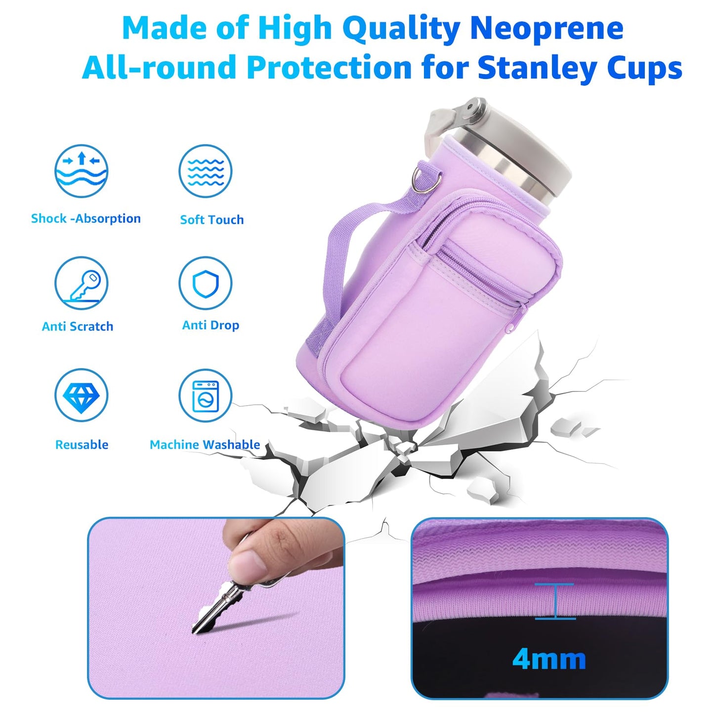 for Stanley Iceflow Flip Straw Tumbler 30 oz, Water Bottle Cup Holder Cover Carrier Sling Bag with Strap, Pouch Pocket for Phone / Accessories, add Handle for Stanley Flip Straw, Neoprene (Purple)
