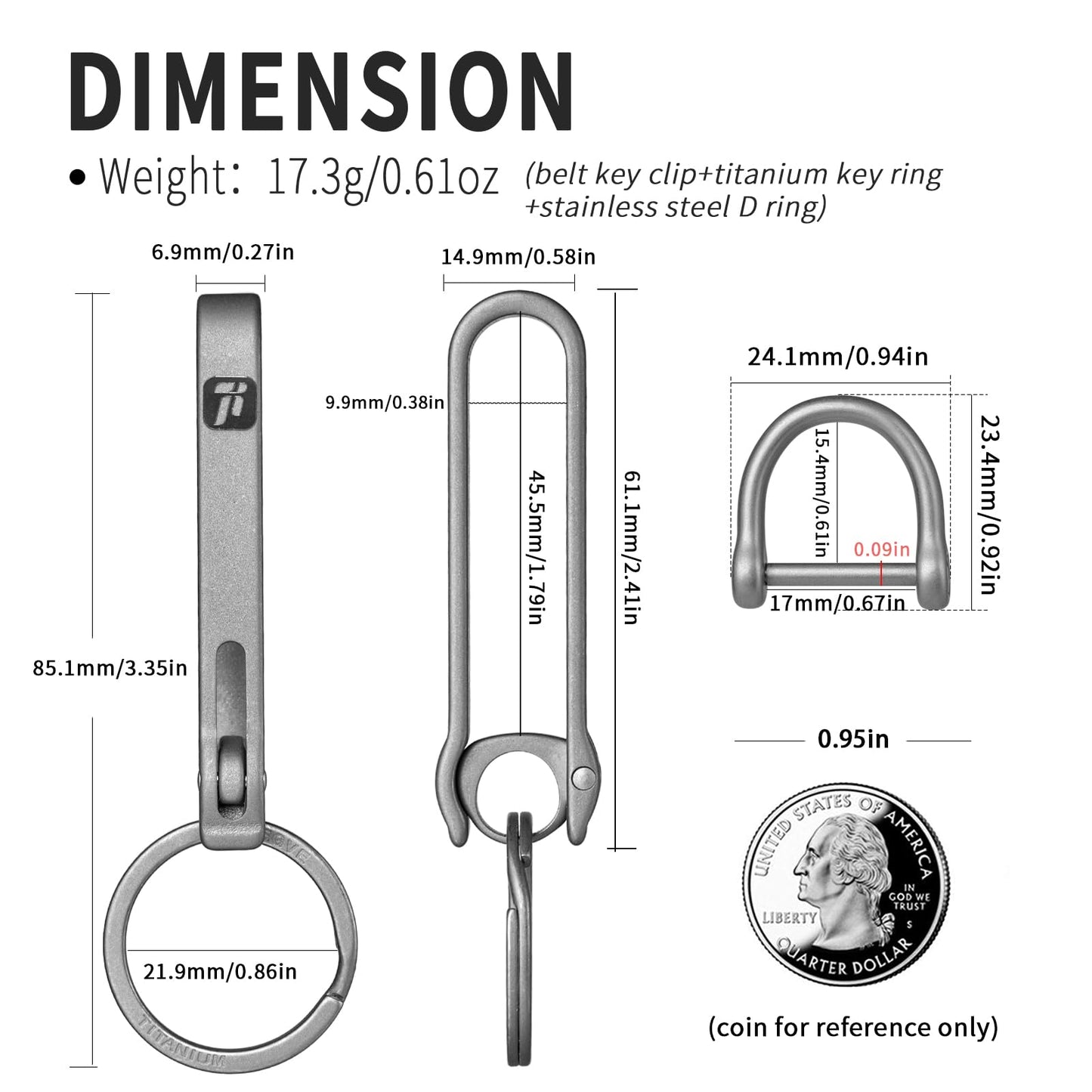 TISET Belt Key Holder,Titanium Belt Loop Keychain Clip,EDC Quick Release Belt Key Chain,Belt Key Clip with D ring,Car Fob Keychain for Men (grey-belt clip+Ti key ring+ sus d ring)